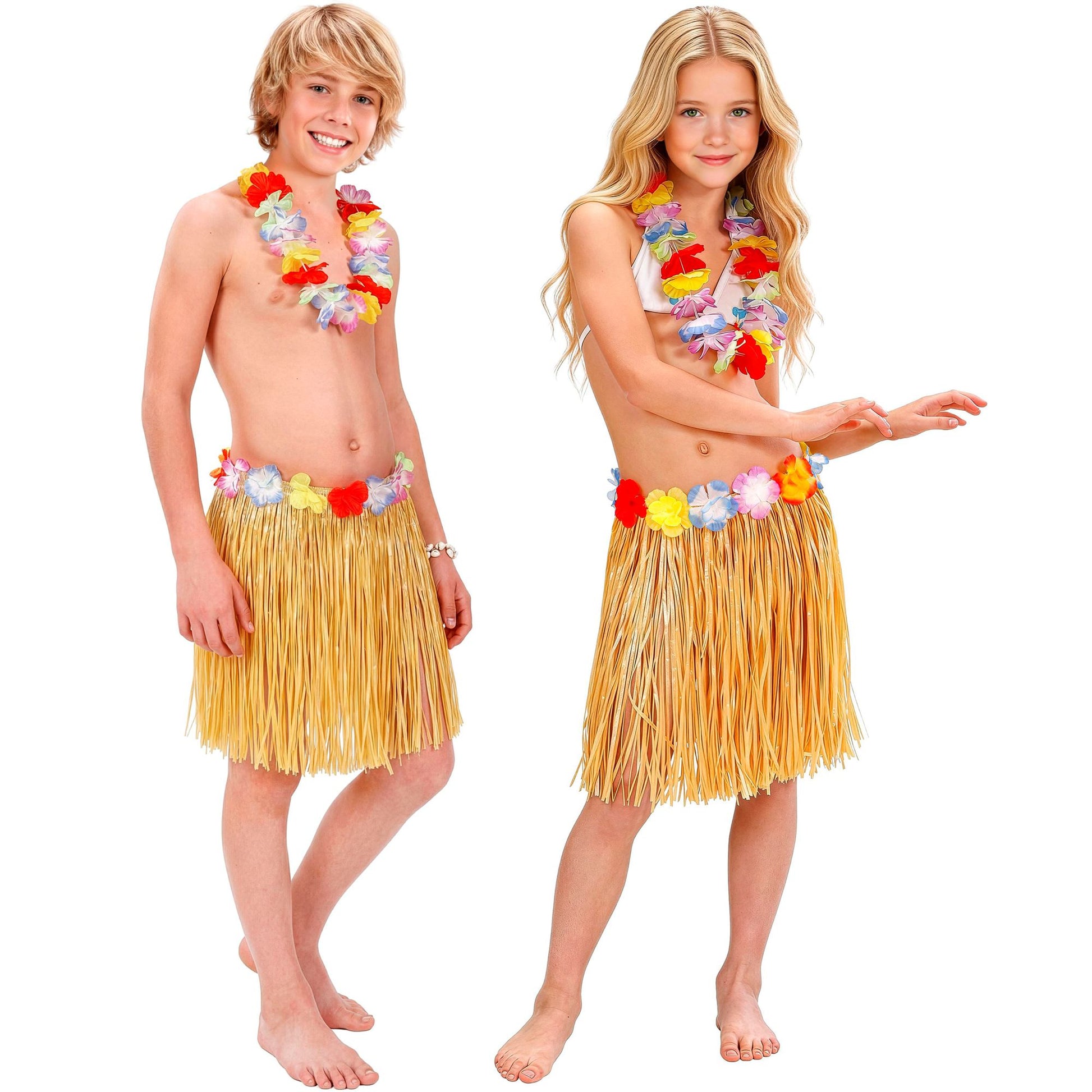 "NATURFARBENER HAWAII BASTROCK MIT BLUMENGÜRTEL" 40 cm für Kinder – Vorderansicht
