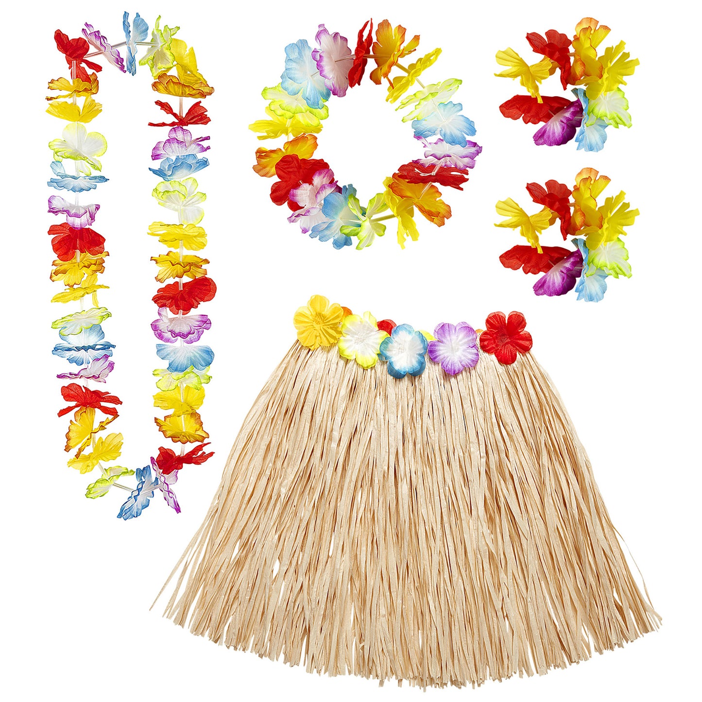 "NATURFARBENES HAWAII-SET" (Bastrock mit Blumengürtel, Halskette, Stirnband, 2 Armbänder) – Vorderansicht