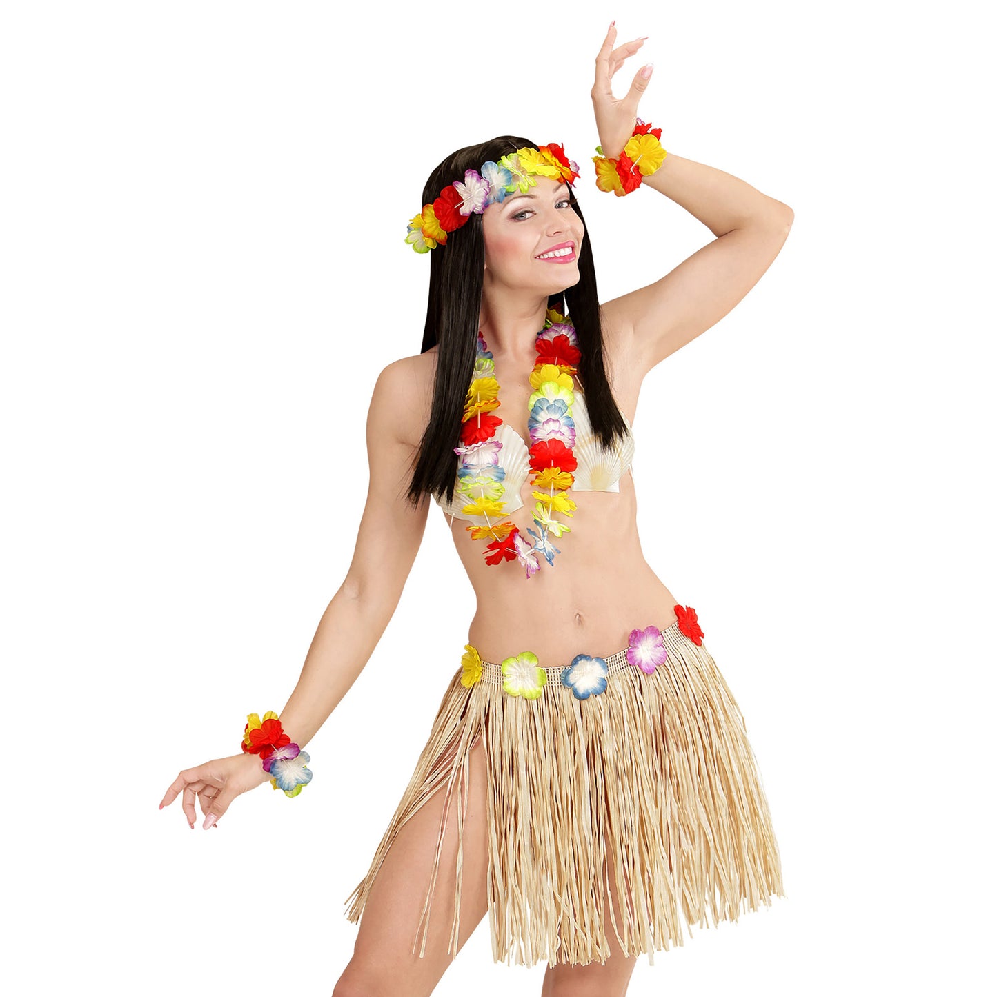 "NATURFARBENES HAWAII-SET" (Bastrock mit Blumengürtel, Halskette, Stirnband, 2 Armbänder) – Detailansicht