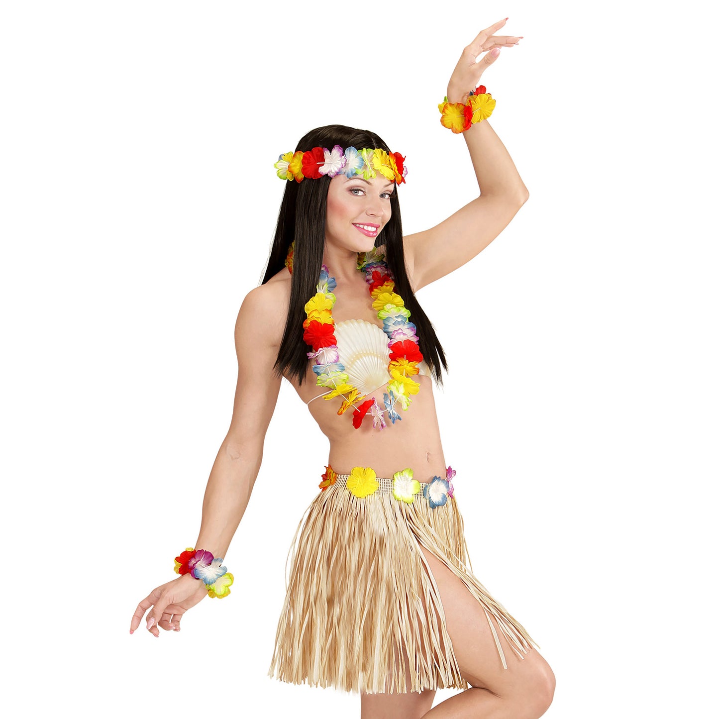 "NATURFARBENES HAWAII-SET" (Bastrock mit Blumengürtel, Halskette, Stirnband, 2 Armbänder) – Ansicht 3