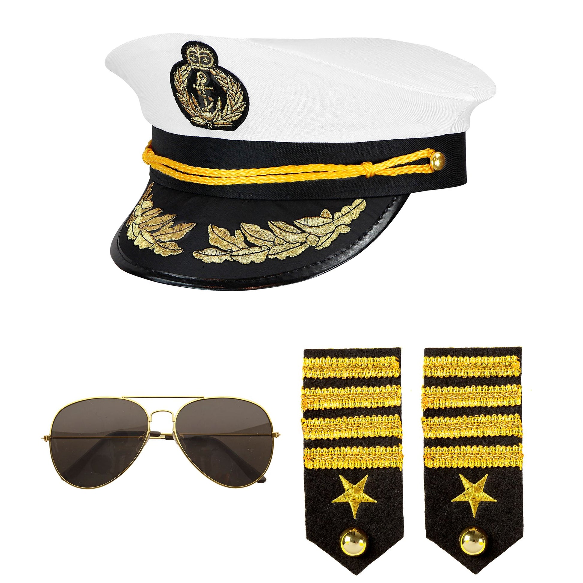 "NAVY CAPTAIN" (Mütze, Epauletten, Brille) – Vorderansicht