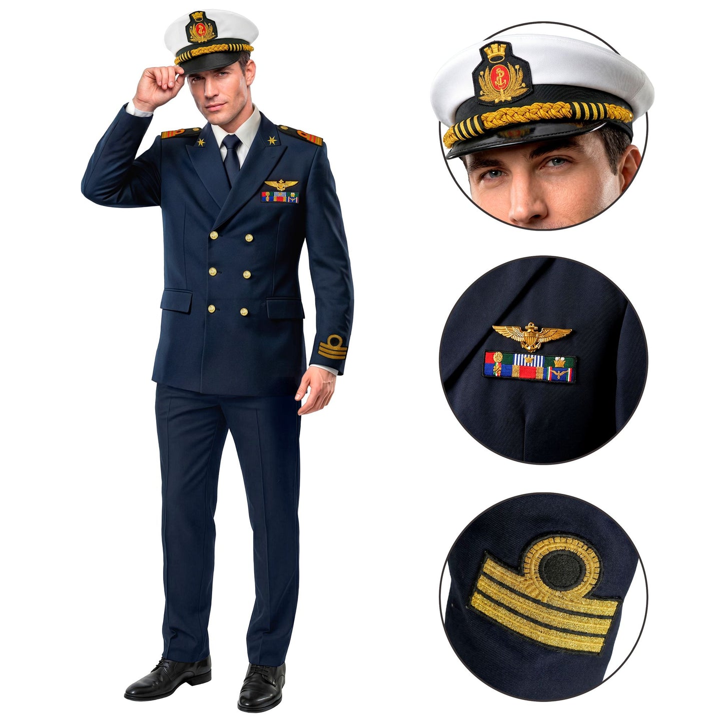 "NAVY KAPITÄN" (Jackett, Hose, Mütze) – Detailansicht