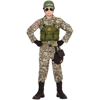 "NAVY SEAL" (Oberteil, Weste, Hose, Gürtel, Tasche, Helm) – Vorderansicht