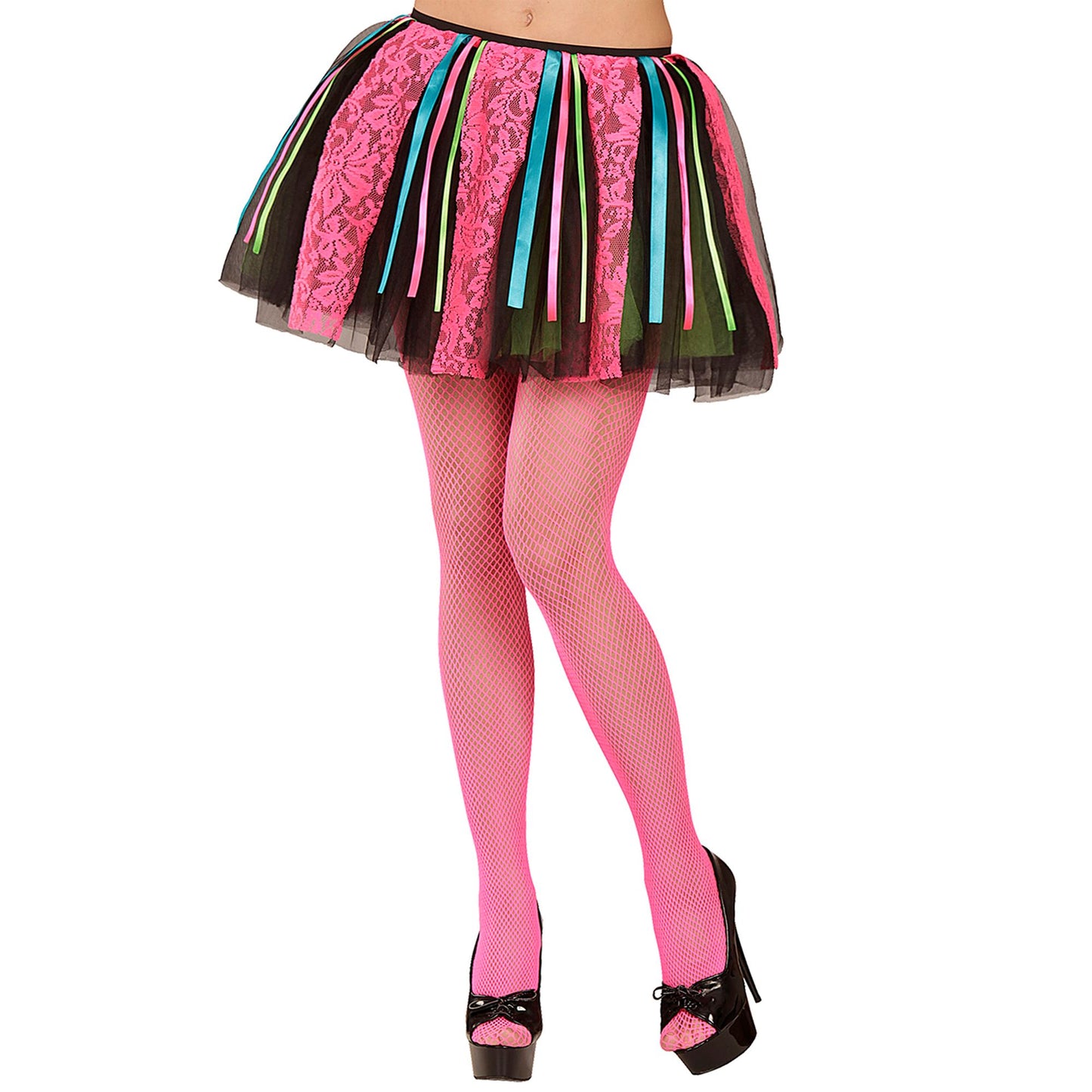 "NEON DISCO TÜTÜ MIT MULTICOLOR SATIN BÄNDERN UND ROSA RIEMEN" – Vorderansicht