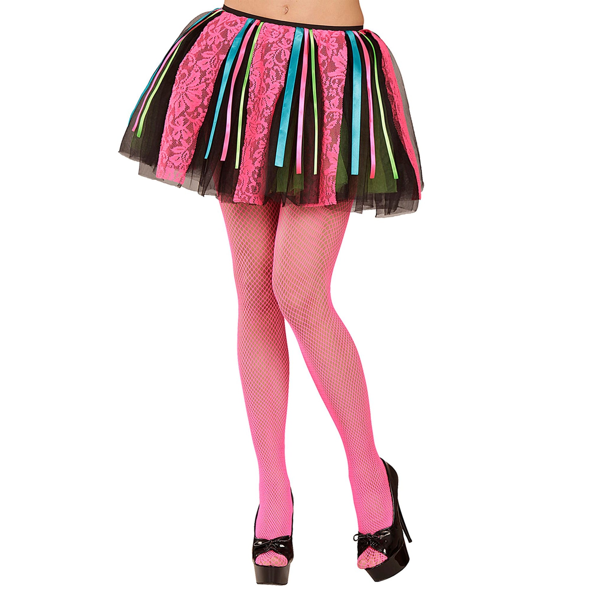 "NEON DISCO TÜTÜ MIT MULTICOLOR SATIN BÄNDERN UND ROSA RIEMEN" – Vorderansicht