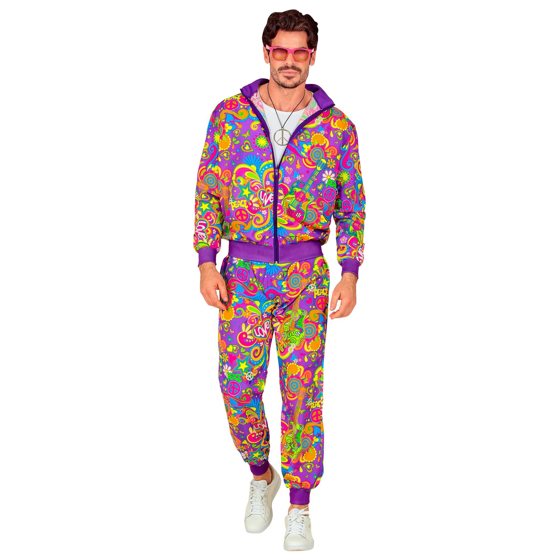 "NEON FLOWER POWER HIPPIE PARTY FASHION TRAININGSANZUG" (Oberteil, Hose) – Detailansicht