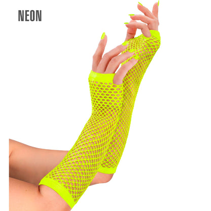 "NEON GELBE FINGERLOSE NETZHANDSCHUHE" 33 cm – Vorderansicht