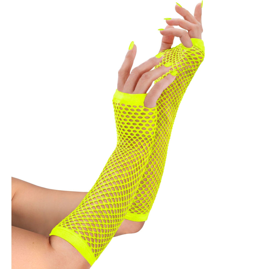 "NEON GELBE FINGERLOSE NETZHANDSCHUHE" 33 cm – Detailansicht
