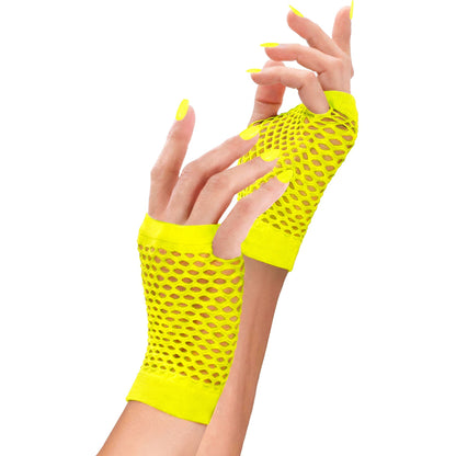 "NEON GELBE FINGERLOSE NETZHANDSCHUHE" – Detailansicht