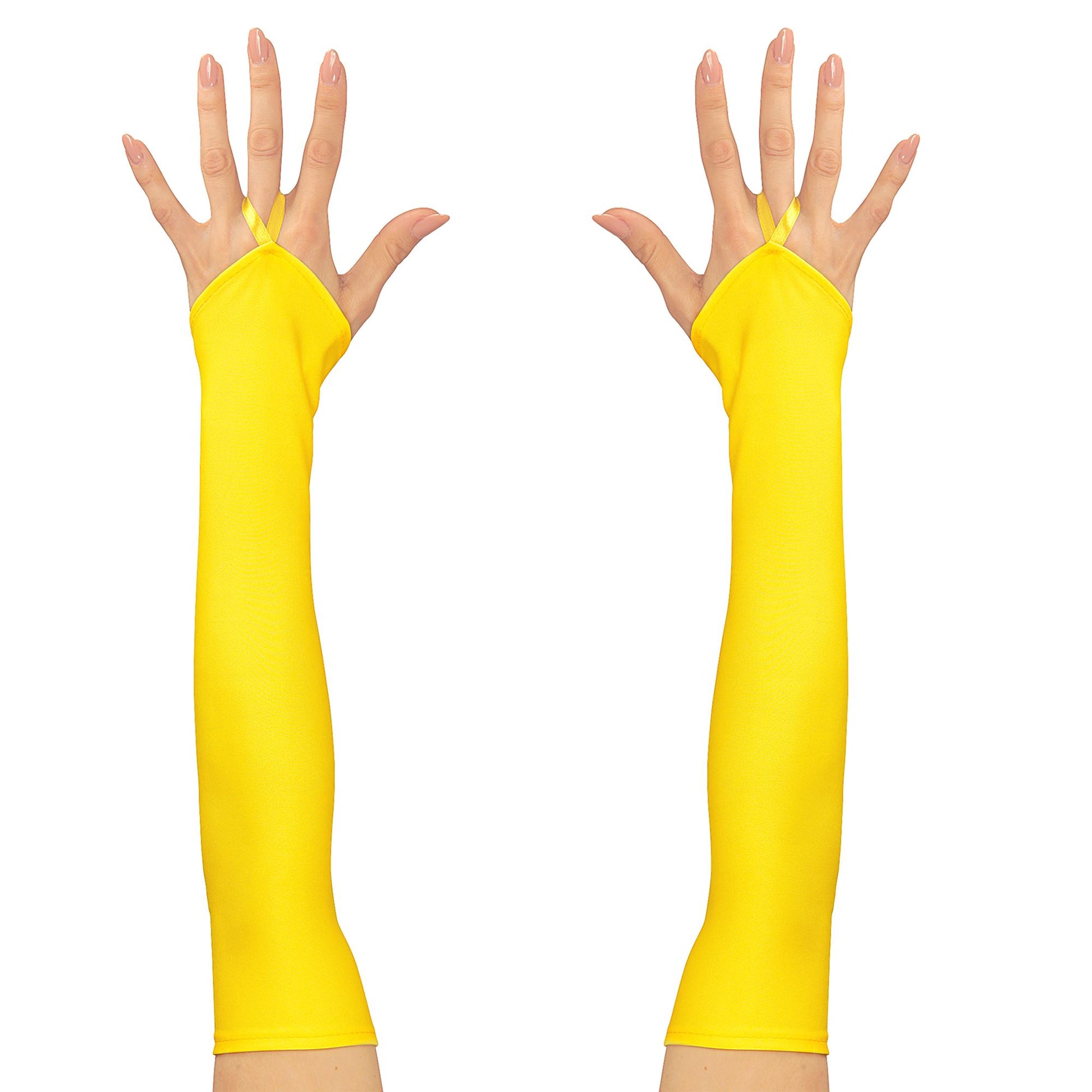"NEON GELBE FINGERLOSE SATINHANDSCHUHE - 43 cm" – Vorderansicht