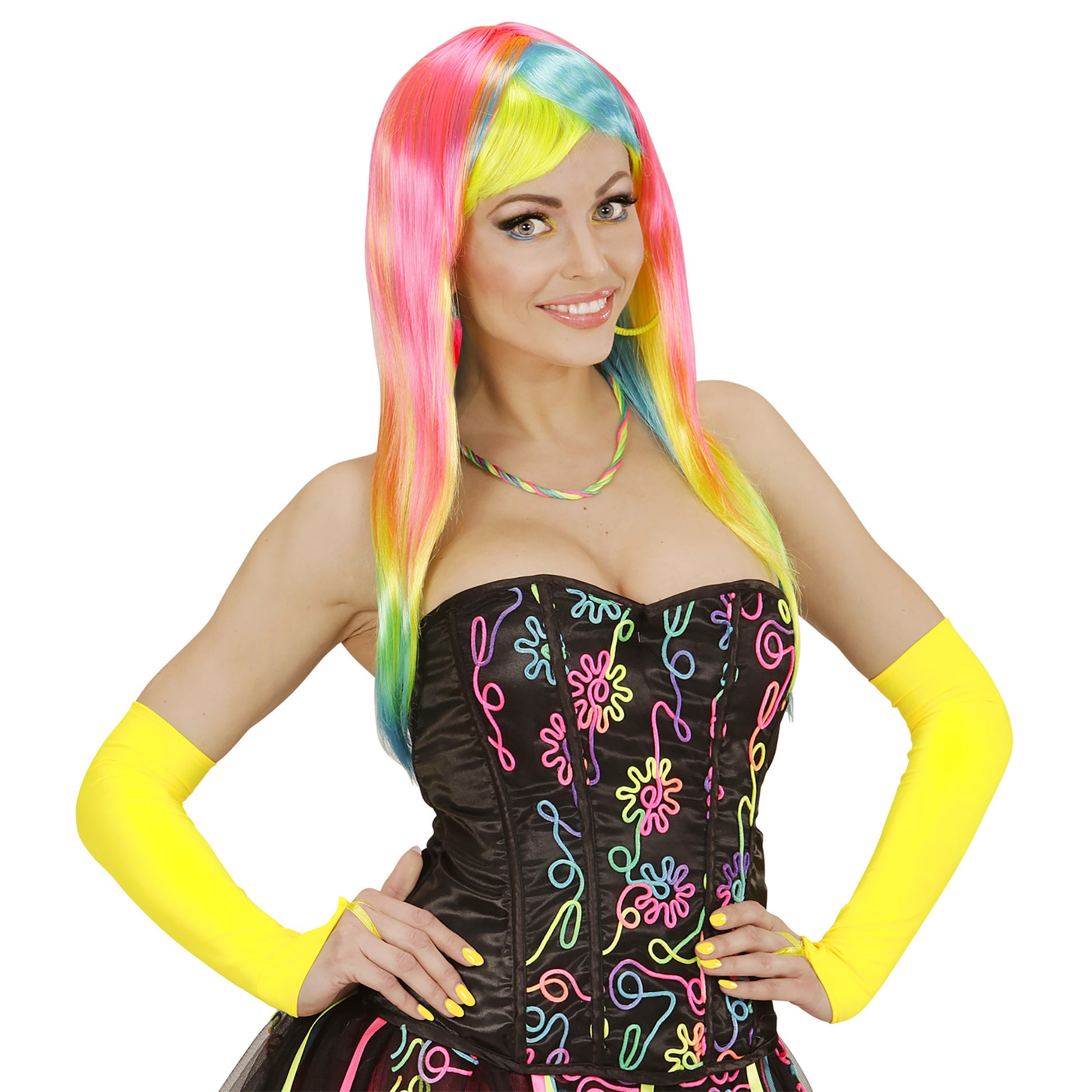 "NEON GELBE FINGERLOSE SATINHANDSCHUHE - 43 cm" – Detailansicht
