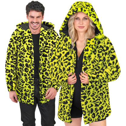 "NEON GELBER ANIMALIER LEOPARDENMUSTER PLÜSCHMANTEL MIT KAPUZE" – Vorderansicht