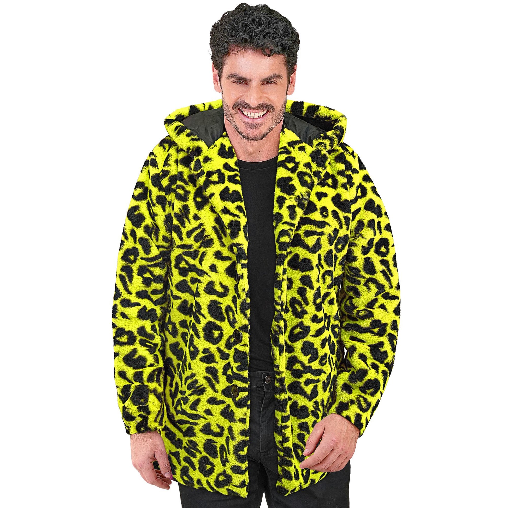 "NEON GELBER ANIMALIER LEOPARDENMUSTER PLÜSCHMANTEL MIT KAPUZE" – Ansicht 4