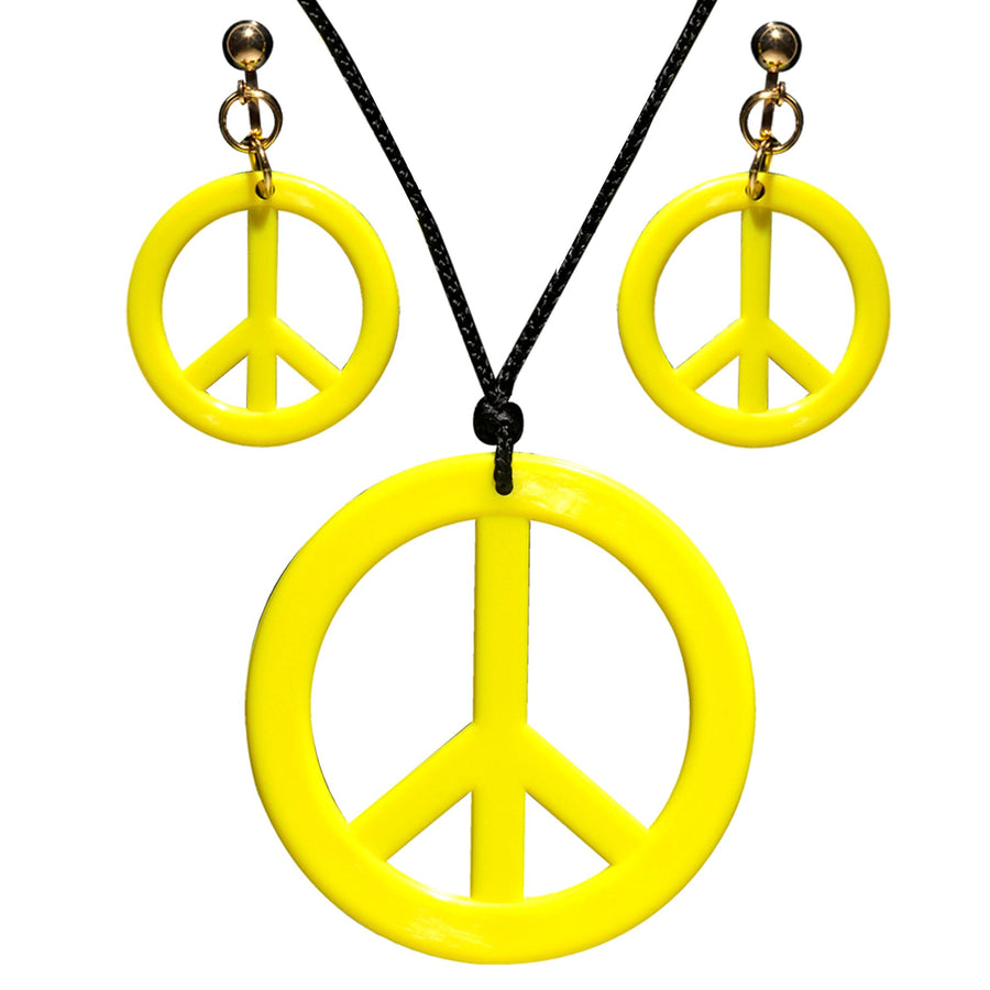 "NEON GELBES HIPPIE SET PEACE KETTE & OHRRINGE" – Vorderansicht
