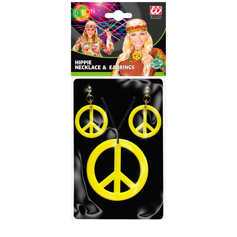 "NEON GELBES HIPPIE SET PEACE KETTE & OHRRINGE" – Detailansicht