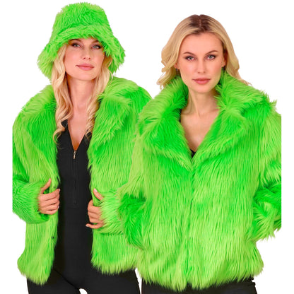 "NEON GRÜNE DAMEN PLÜSCHJACKE" – Vorderansicht