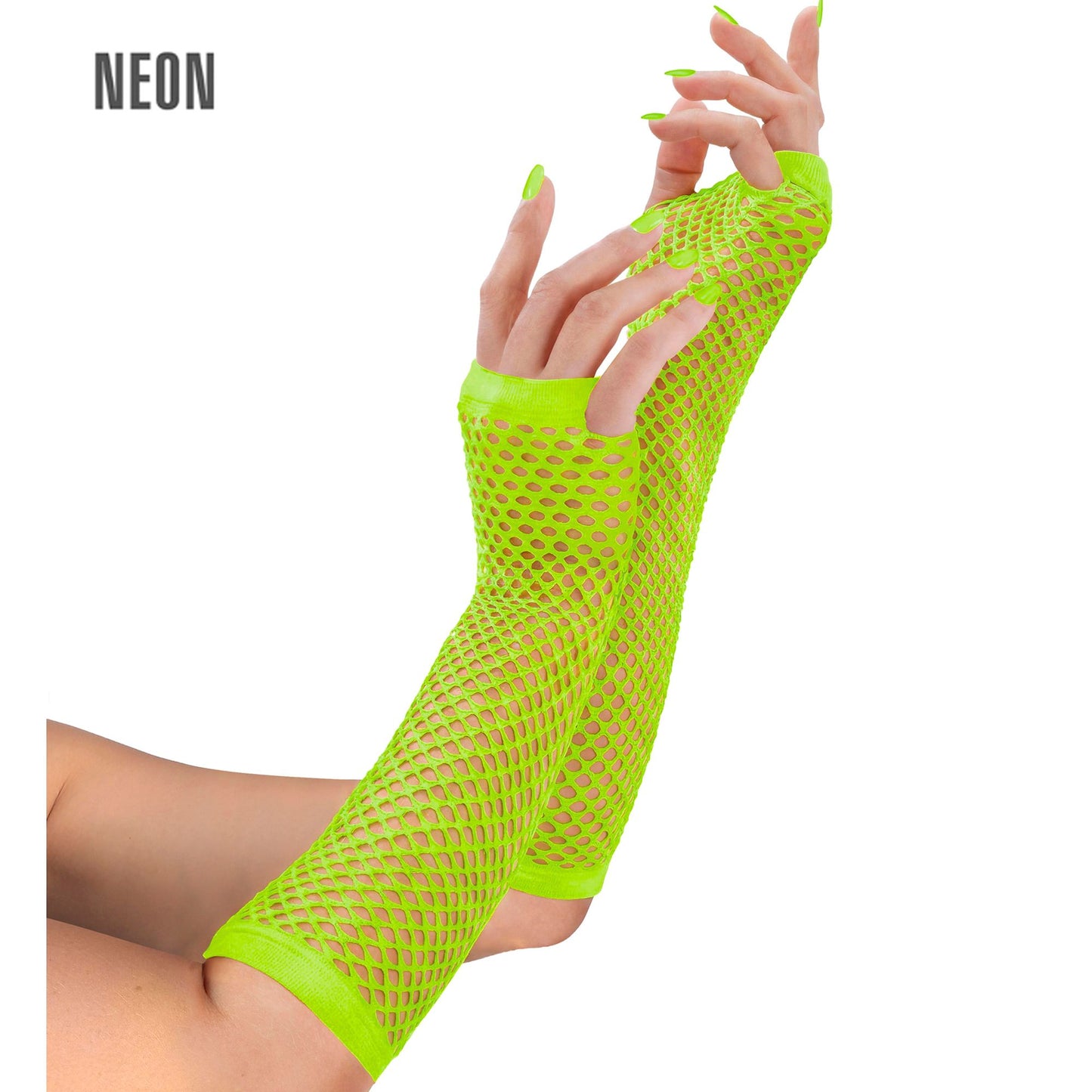 "NEON GRÜNE FINGERLOSE NETZHANDSCHUHE" 33 cm – Vorderansicht