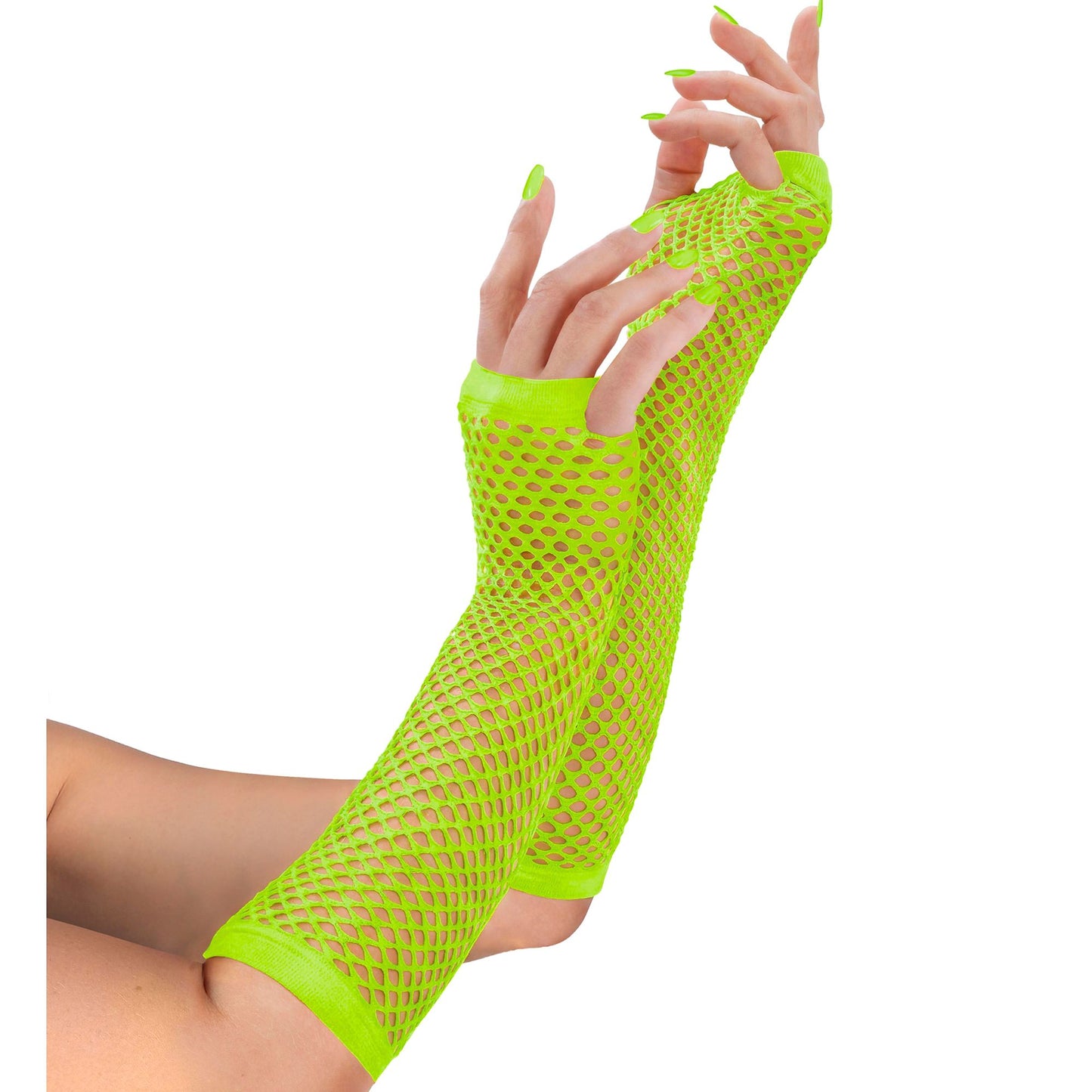 "NEON GRÜNE FINGERLOSE NETZHANDSCHUHE" 33 cm – Detailansicht