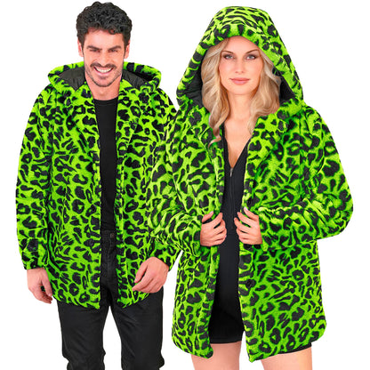 "NEON GRÜNER ANIMALIER LEOPARDENMUSTER PLÜSCHMANTEL MIT KAPUZE" – Detailansicht