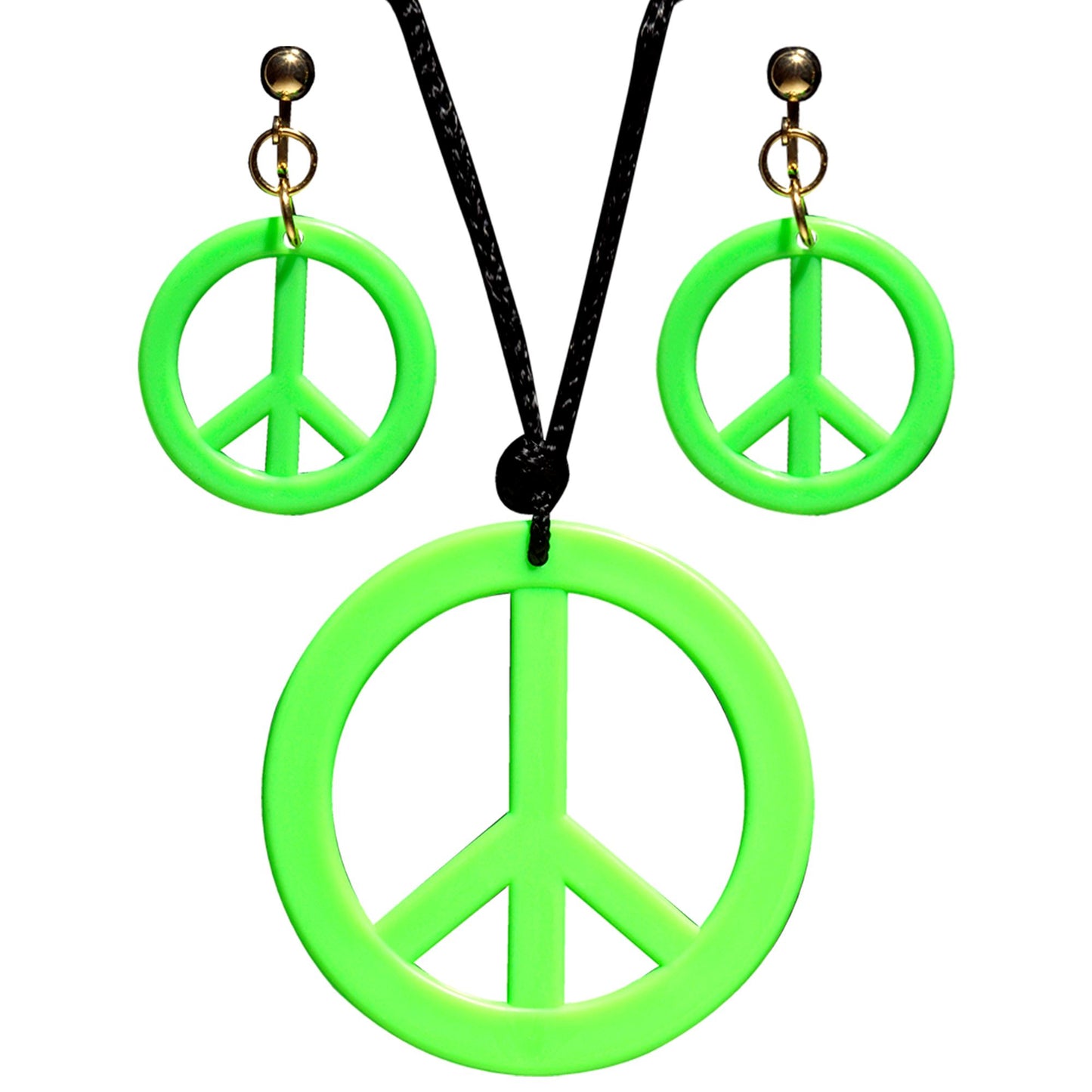 "NEON GRÜNES HIPPIE SET PEACE KETTE & OHRRINGE" – Vorderansicht