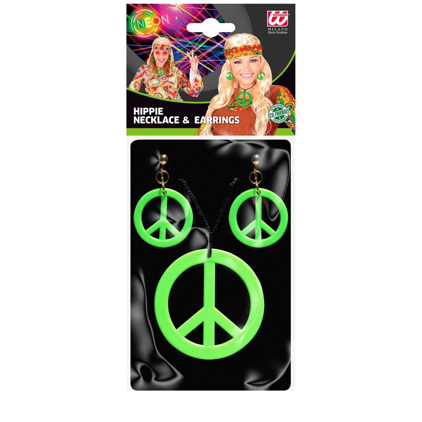 "NEON GRÜNES HIPPIE SET PEACE KETTE & OHRRINGE" – Detailansicht
