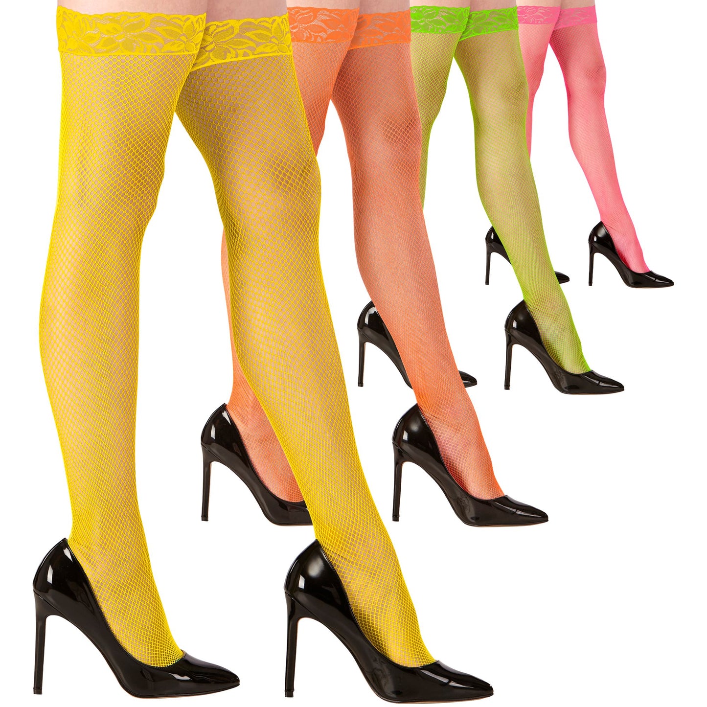 "NEON HALTERLOSE NETZSTRÜMPFE MIT SPITZE" in 4 Farben sort.: rosa, gelb, orange, grün – Vorderansicht