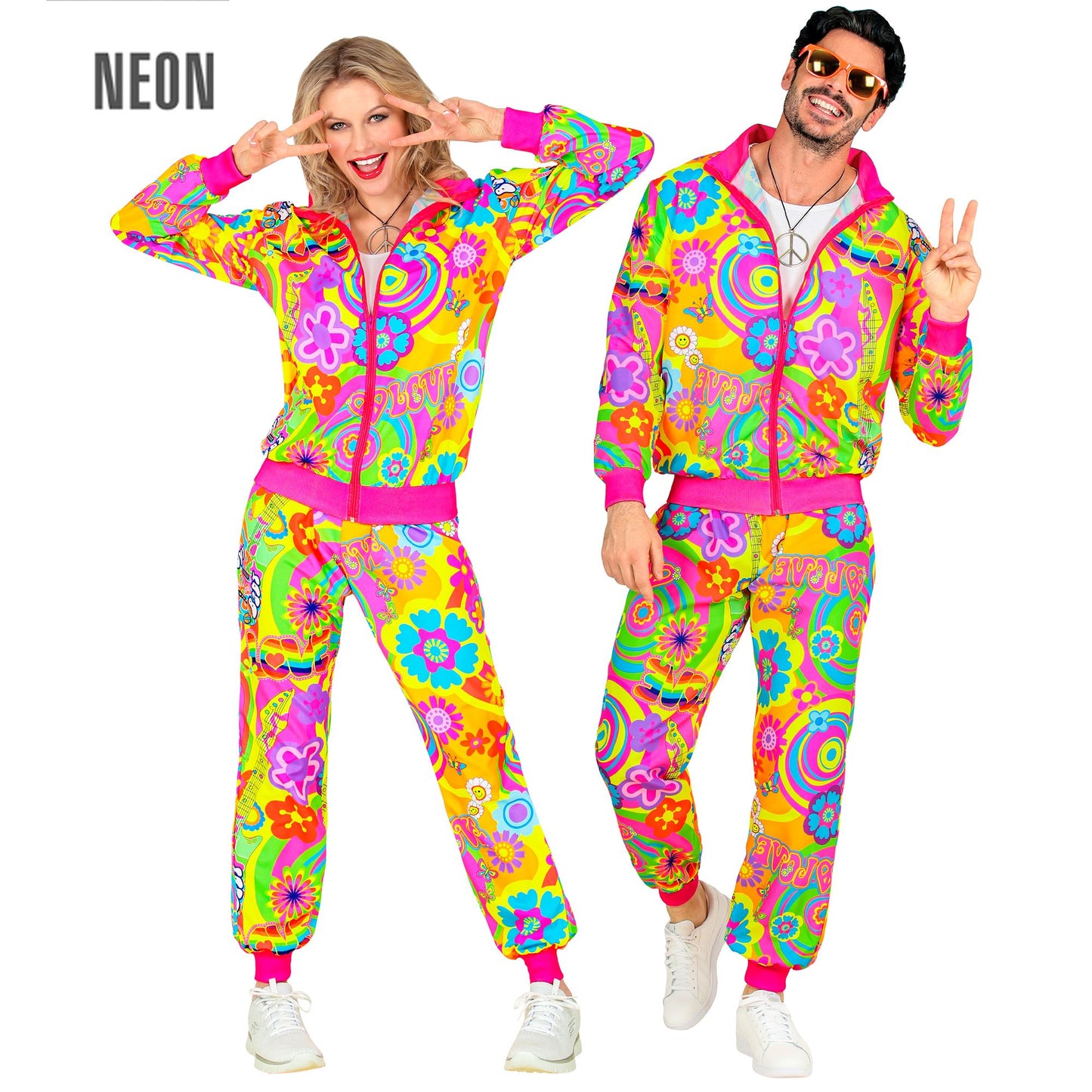 "NEON HIPPIE GROOVY LOVE PARTY FASHION TRAININGSANZUG" (Oberteil, Hose) – Vorderansicht