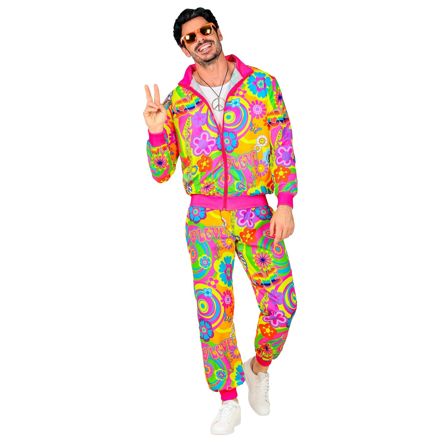 "NEON HIPPIE GROOVY LOVE PARTY FASHION TRAININGSANZUG" (Oberteil, Hose) – Detailansicht