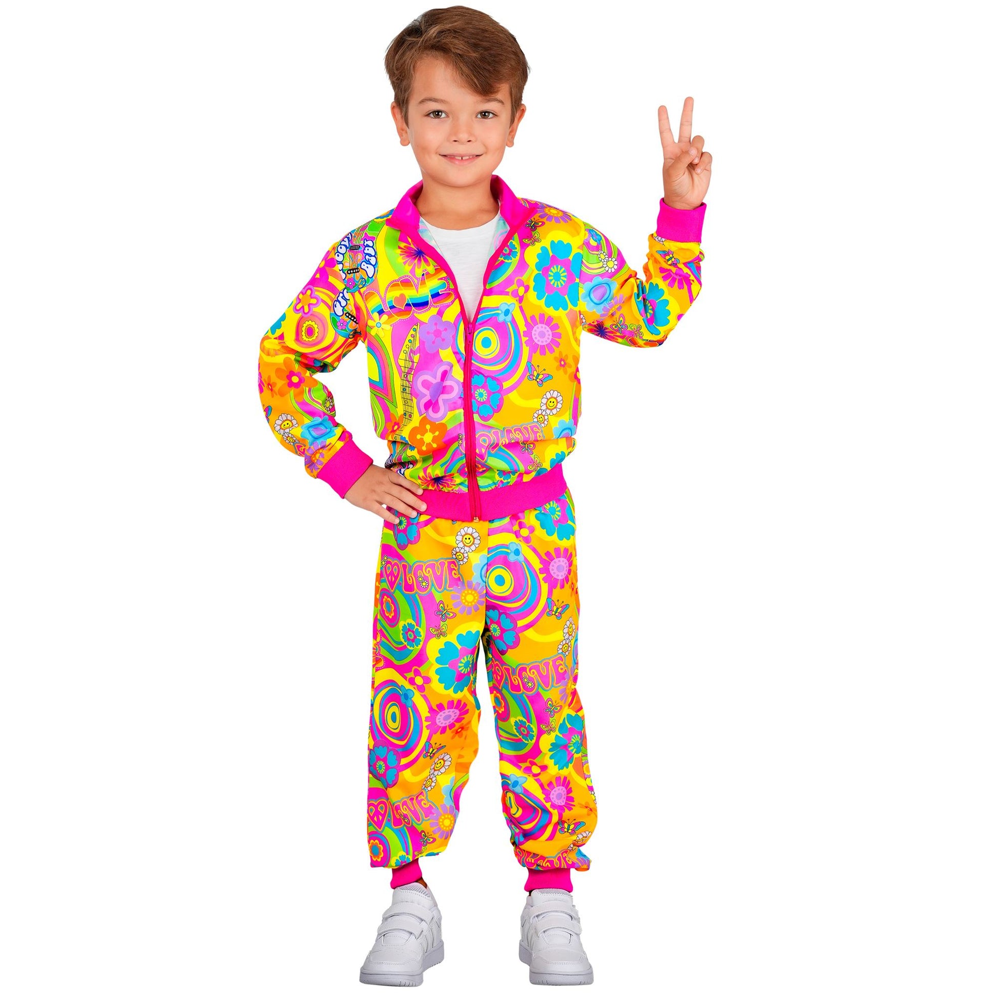 "NEON HIPPIE GROOVY LOVE PARTY FASHION TRAININGSANZUG" (Oberteil, Hose) – Detailansicht