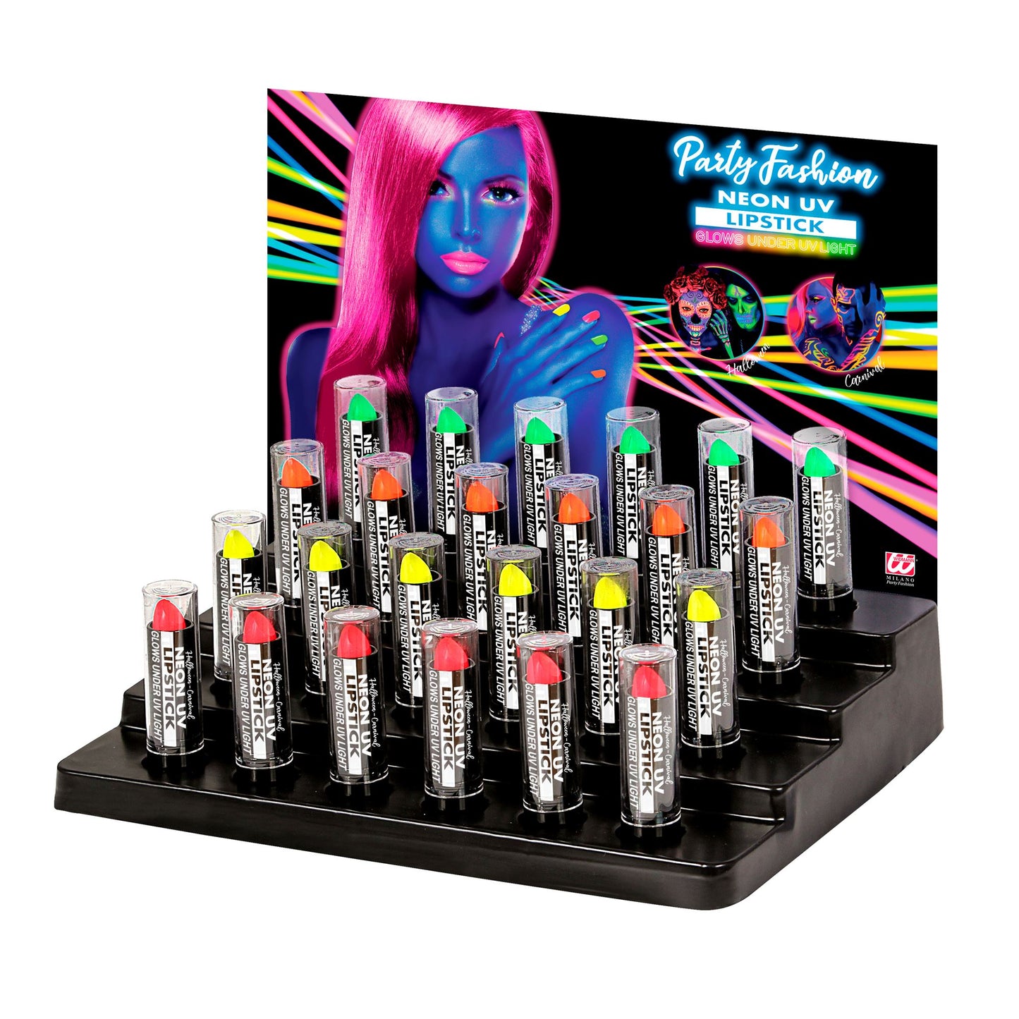 "NEON LIPPENSTIFT" 6 ml in Displaybox - (6 x neon pink, neon gelb, neon grün, neon orange) – Vorderansicht