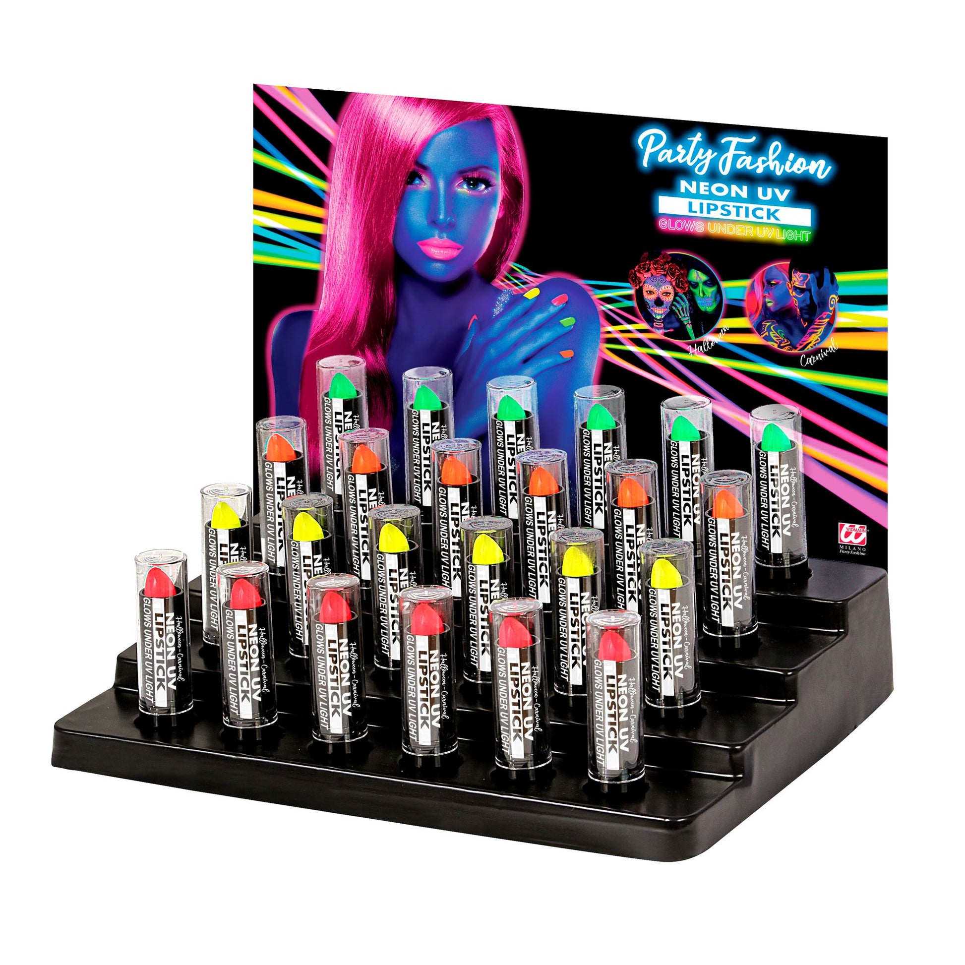 "NEON LIPPENSTIFT" 6 ml in Displaybox - (6 x neon pink, neon gelb, neon grün, neon orange) – Vorderansicht