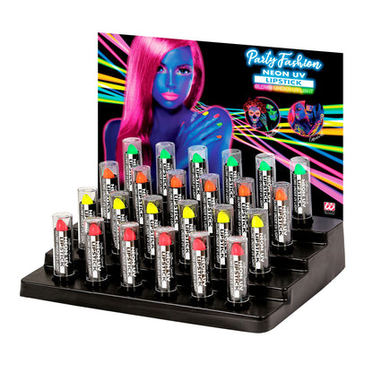 "NEON LIPPENSTIFT" 6 ml in Displaybox - (6 x neon pink, neon gelb, neon grün, neon orange) – Vorderansicht