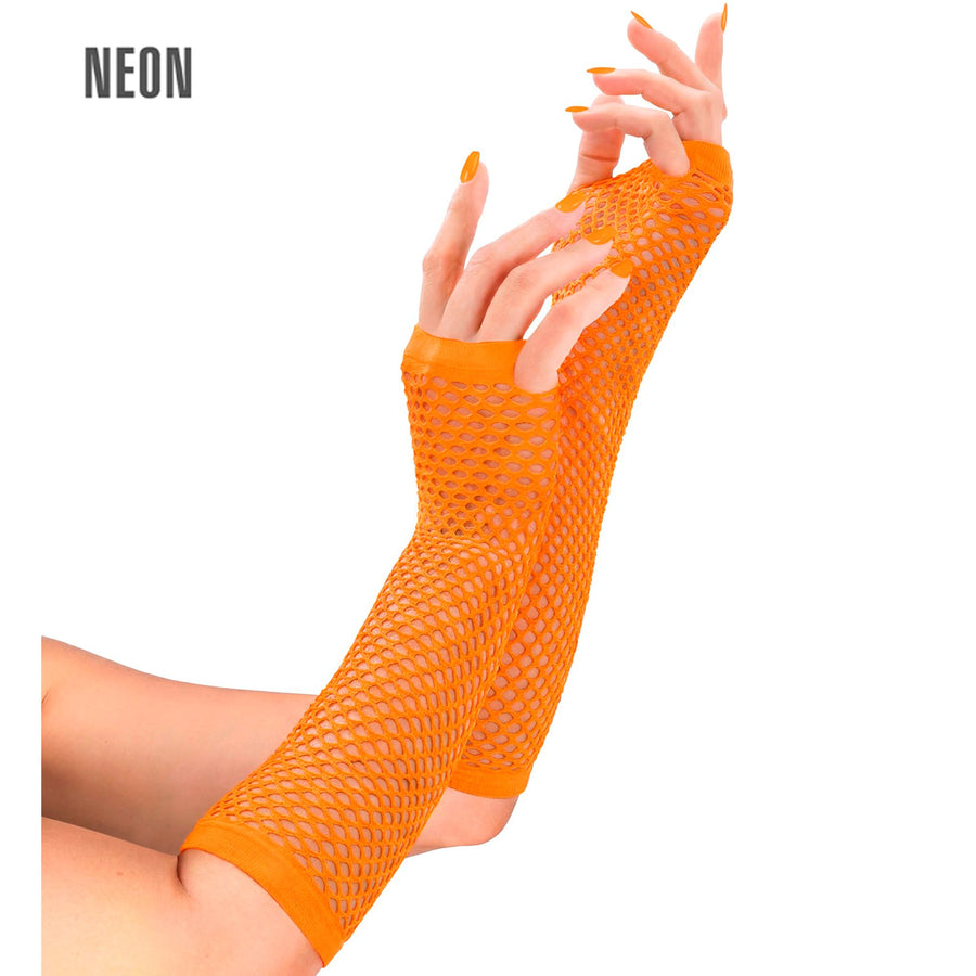 "NEON ORANGENE FINGERLOSE NETZHANDSCHUHE" 33 cm – Vorderansicht