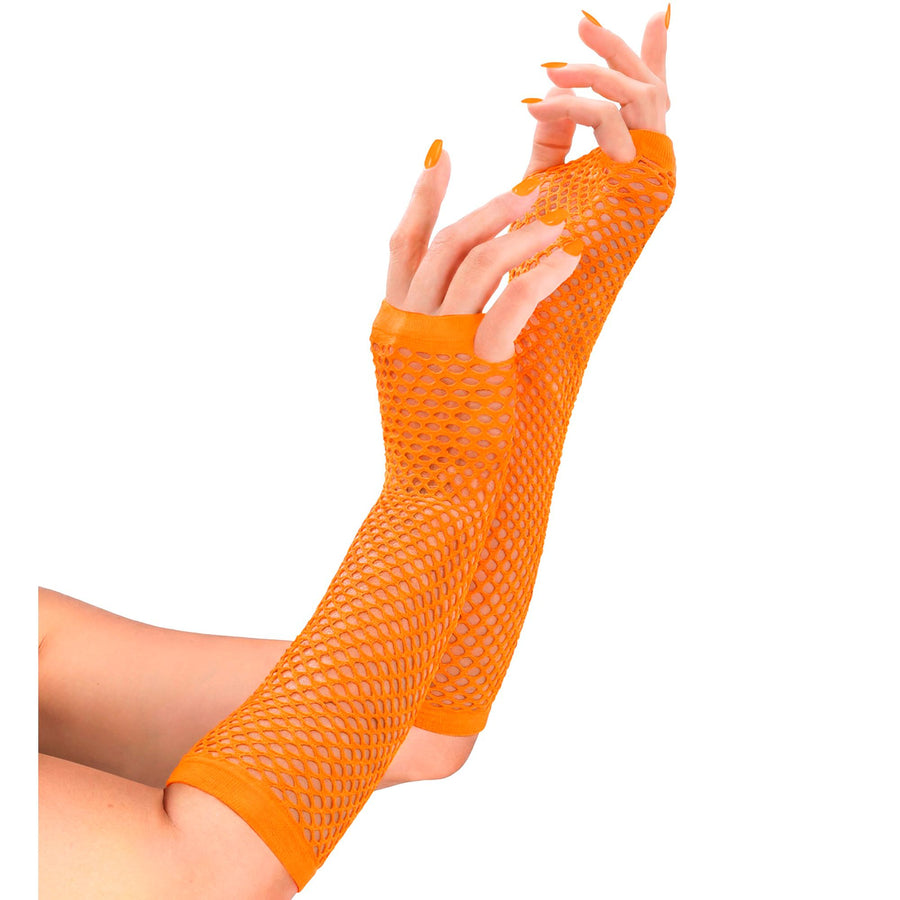 "NEON ORANGENE FINGERLOSE NETZHANDSCHUHE" 33 cm – Detailansicht