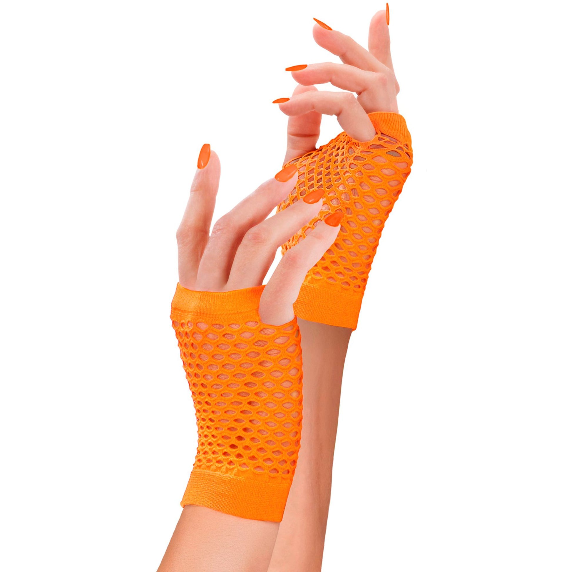 "NEON ORANGENE FINGERLOSE NETZHANDSCHUHE" – Detailansicht