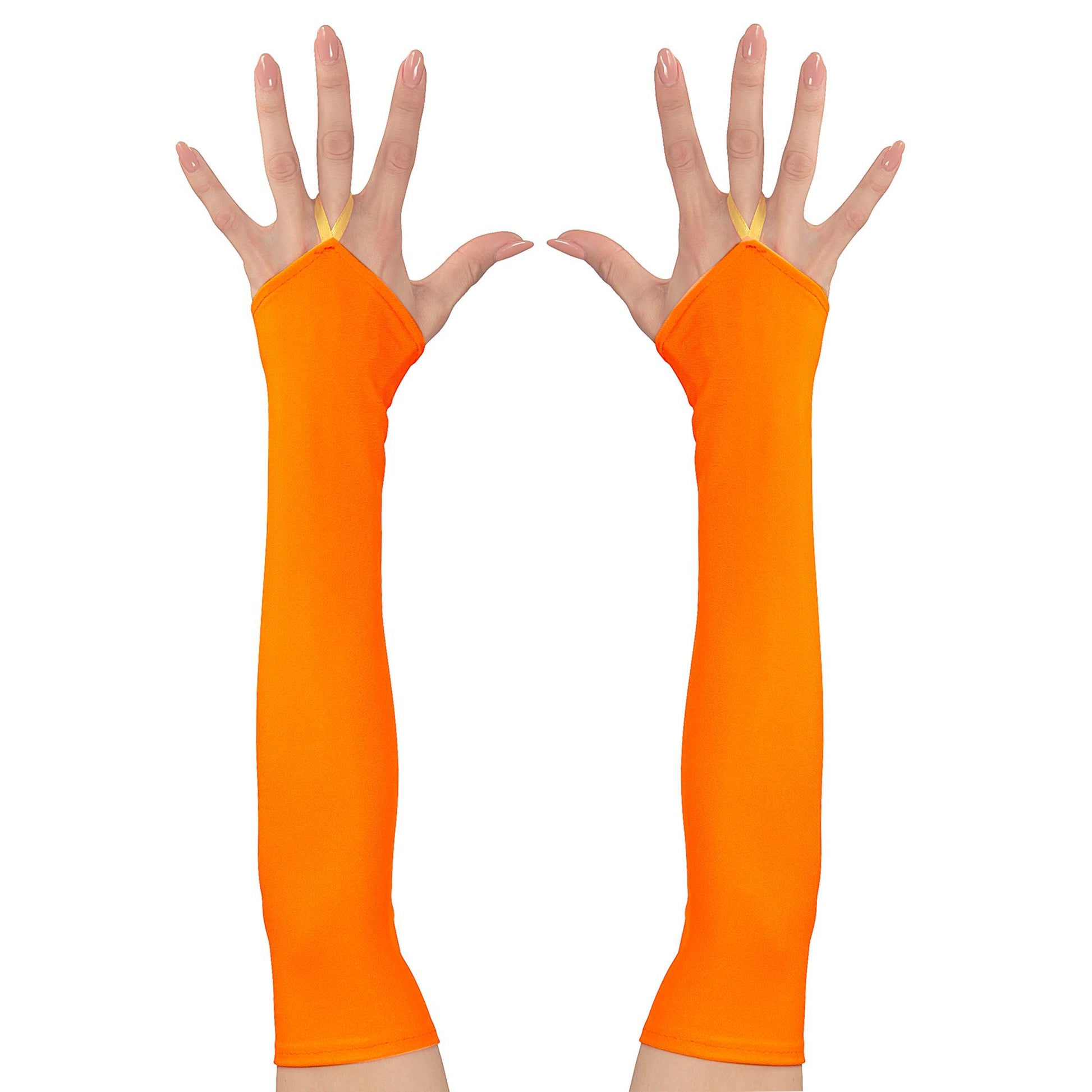 "NEON ORANGENE FINGERLOSE SATINHANDSCHUHE" – Vorderansicht