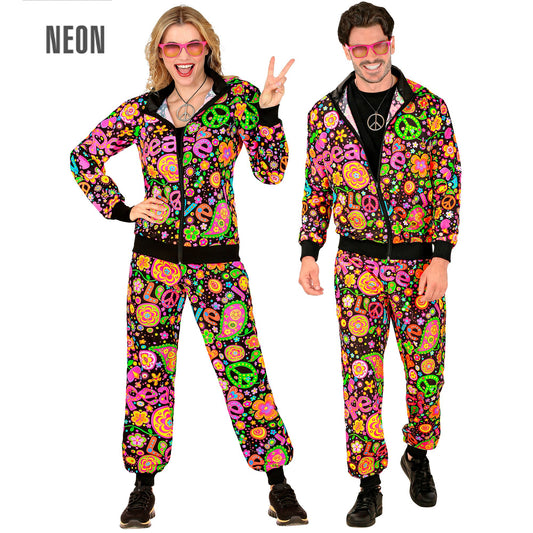 "NEON PEACE & LOVE HIPPIE PARTY FASHION TRAININGSANZUG" (Oberteil, Hose) – Vorderansicht