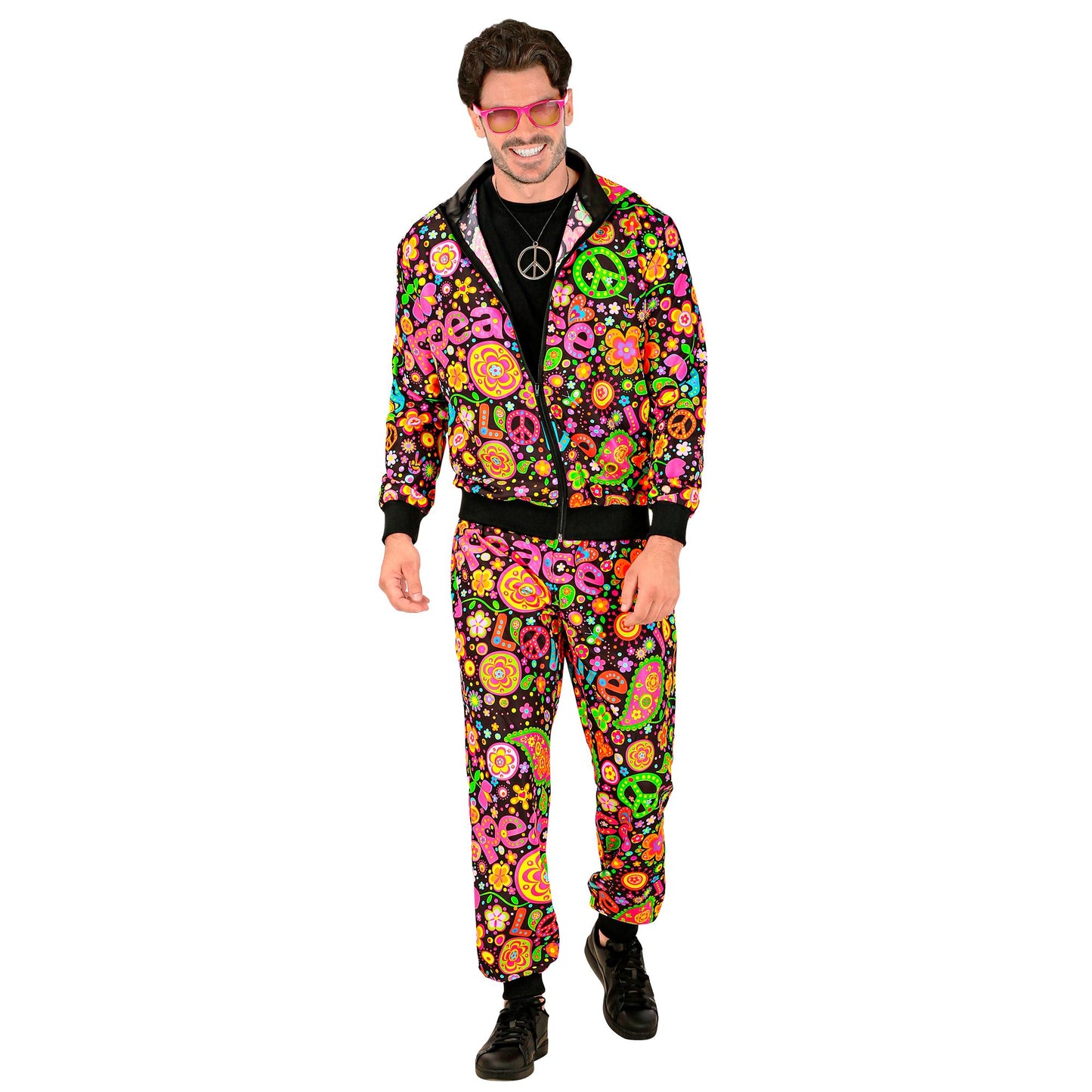 "NEON PEACE & LOVE HIPPIE PARTY FASHION TRAININGSANZUG" (Oberteil, Hose) – Detailansicht