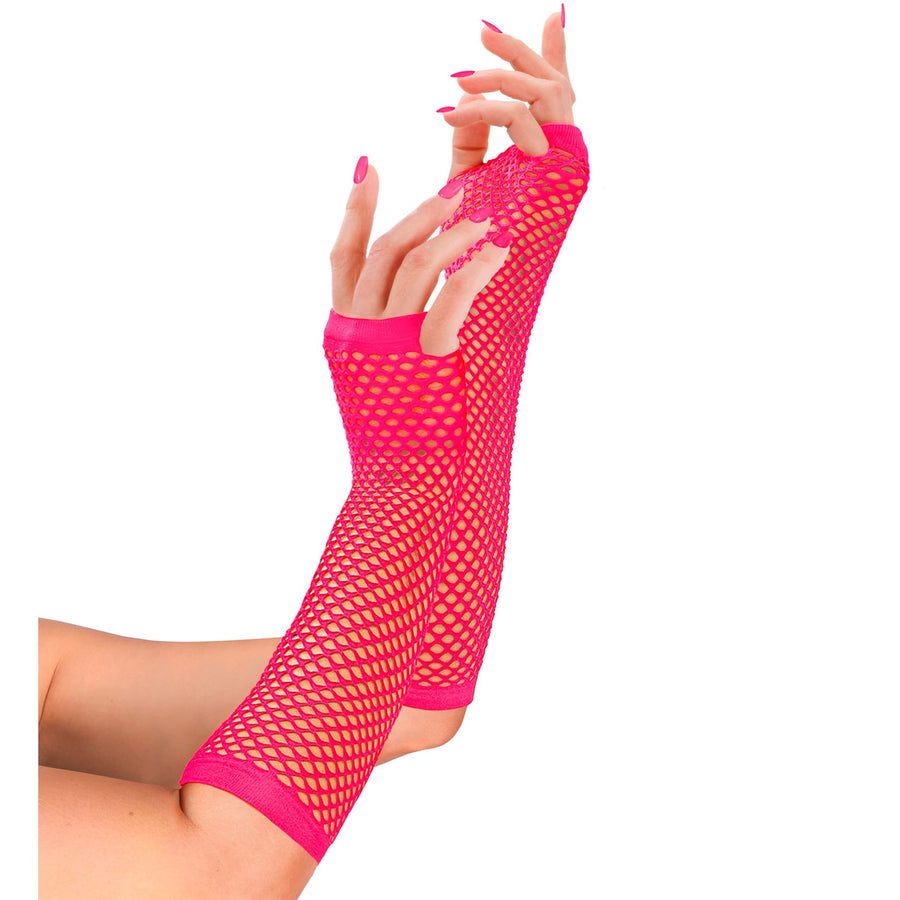 "NEON PINKE FINGERLOSE NETZHANDSCHUHE" 33 cm – Detailansicht