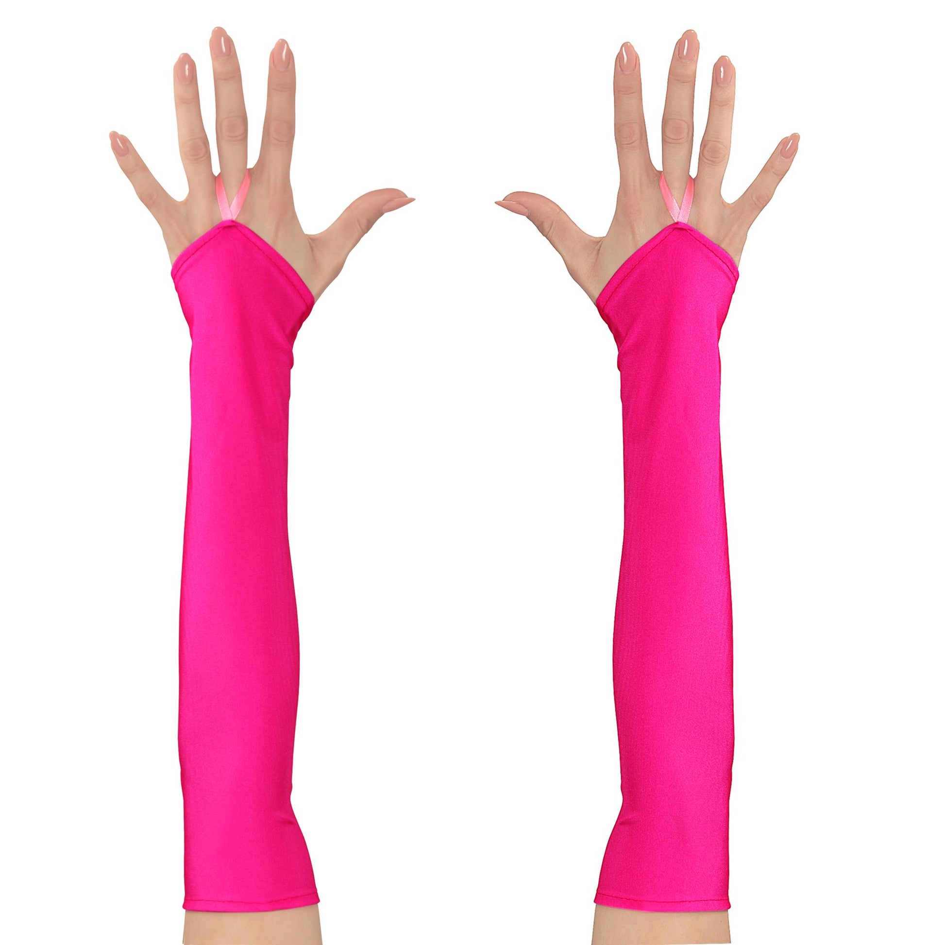 "NEON PINKE FINGERLOSE SATINHANDSCHUHE" – Vorderansicht