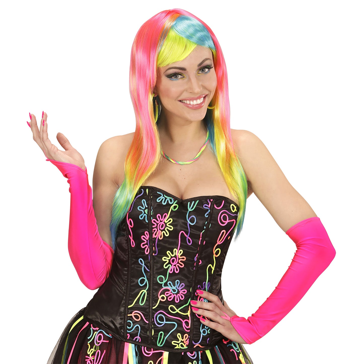 "NEON PINKE FINGERLOSE SATINHANDSCHUHE" – Detailansicht