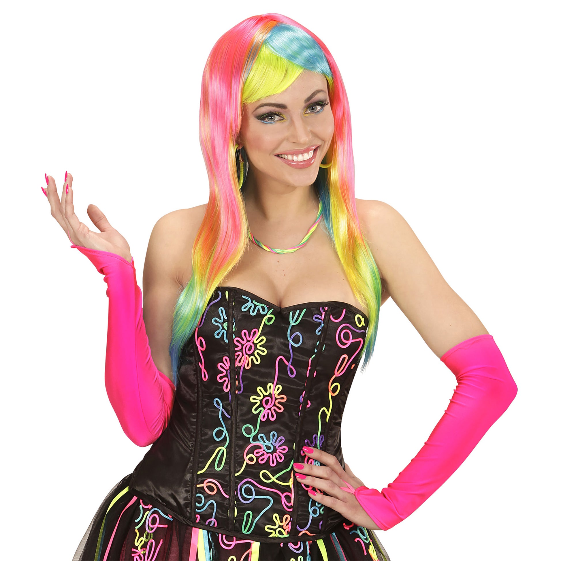 "NEON PINKE FINGERLOSE SATINHANDSCHUHE" – Detailansicht