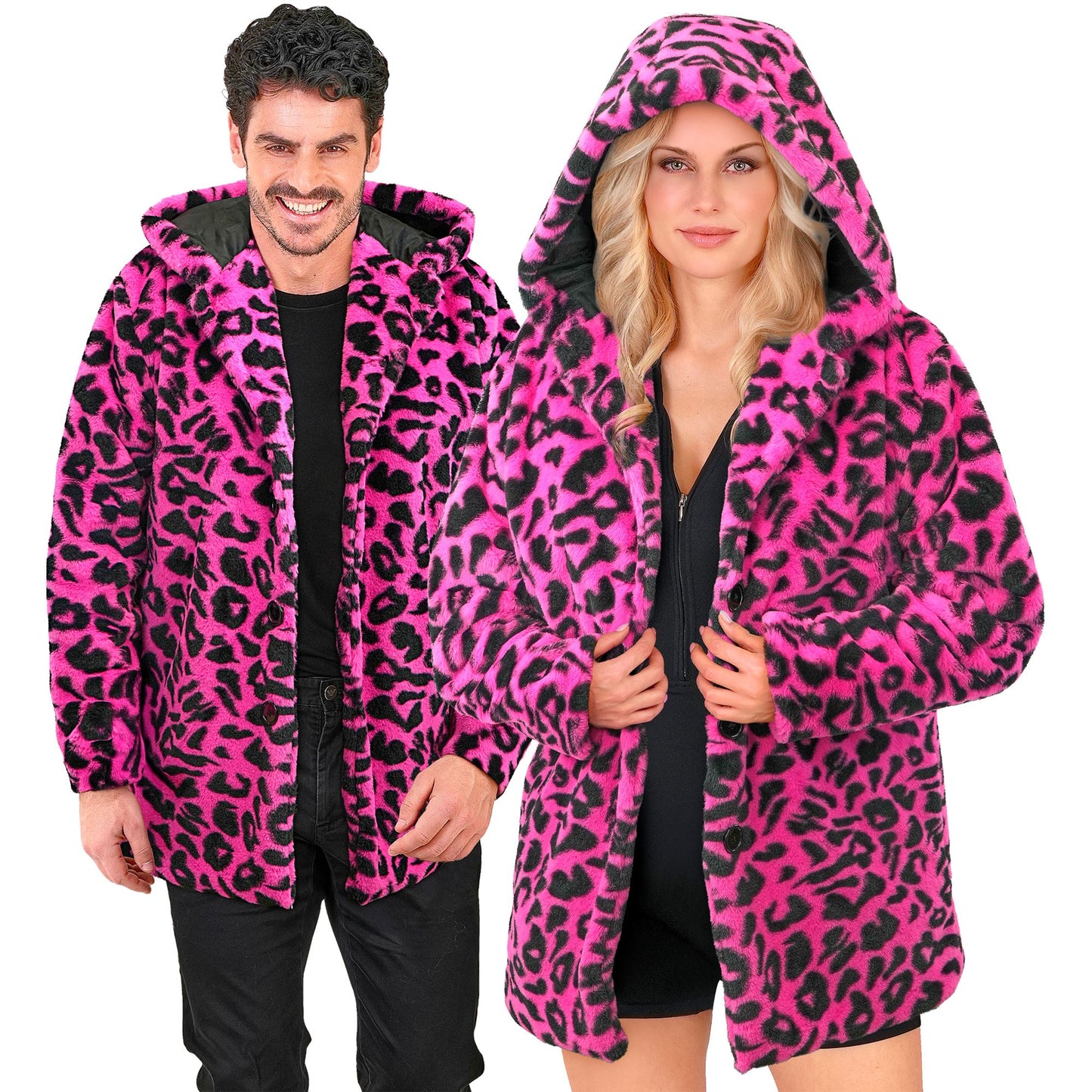 "NEON PINKER ANIMALIER LEOPARDENMUSTER PLÜSCHMANTEL MIT KAPUZE" – Vorderansicht