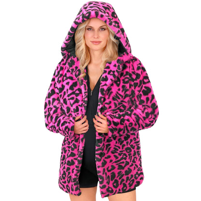 "NEON PINKER ANIMALIER LEOPARDENMUSTER PLÜSCHMANTEL MIT KAPUZE" – Ansicht 3