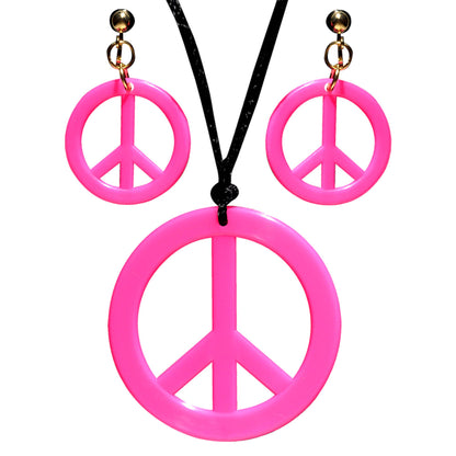 "NEON PINKES HIPPIE SET PEACE KETTE & OHRRINGE" – Vorderansicht