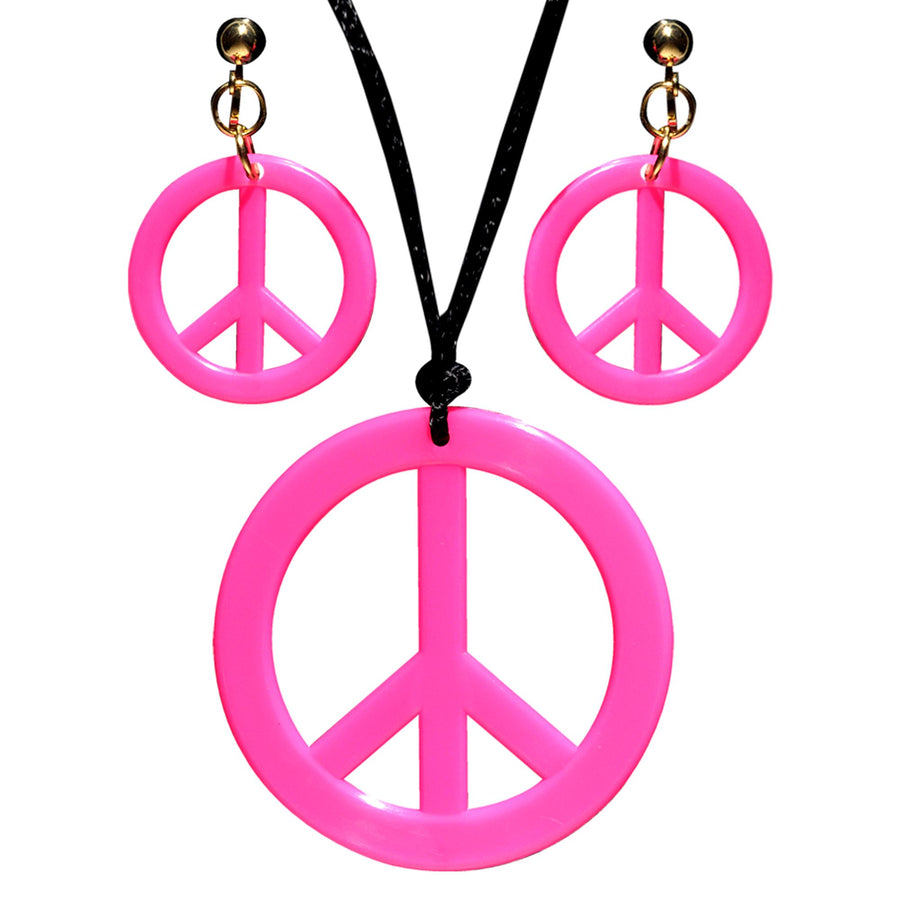 "NEON PINKES HIPPIE SET PEACE KETTE & OHRRINGE" – Vorderansicht
