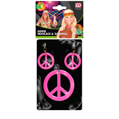 "NEON PINKES HIPPIE SET PEACE KETTE & OHRRINGE" – Detailansicht