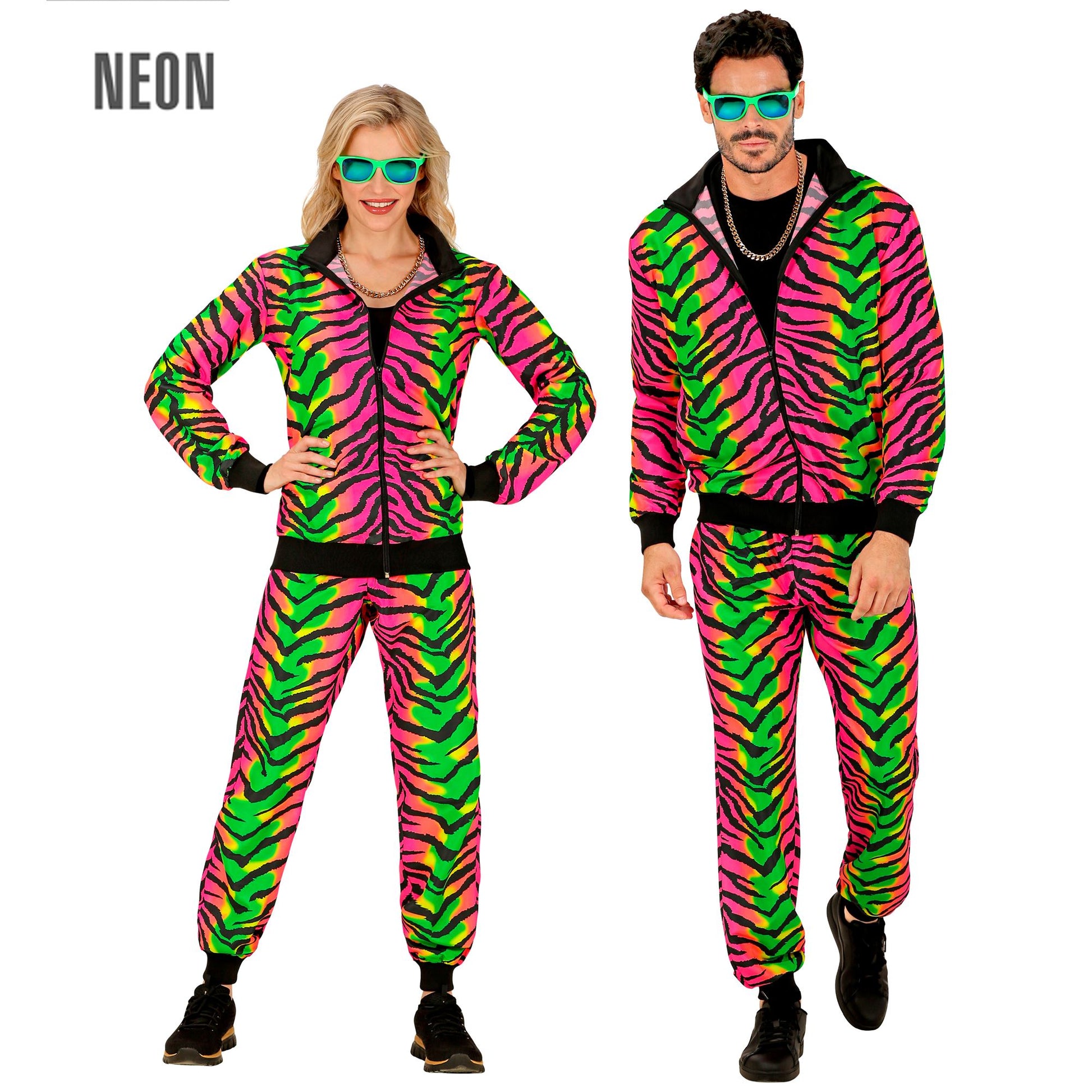 "NEON RAVE PARTY FASHION TRAININGSANZUG MIT TIERMUSTER" (Oberteil, Hose) – Vorderansicht