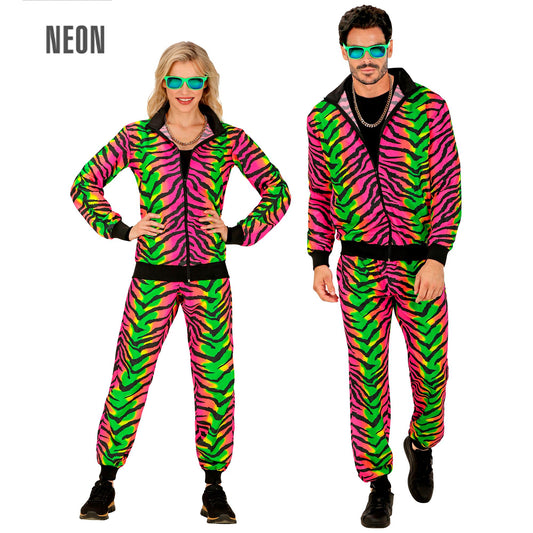 "NEON RAVE PARTY FASHION TRAININGSANZUG MIT TIERMUSTER" (Oberteil, Hose) – Vorderansicht