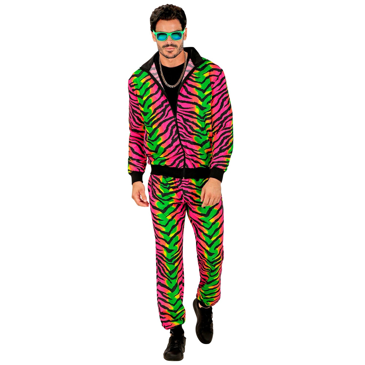 "NEON RAVE PARTY FASHION TRAININGSANZUG MIT TIERMUSTER" (Oberteil, Hose) – Detailansicht